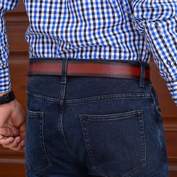 Full Grain Men's Vintage Sun Maroon Buffalo Leather Belt Free Personalization - Picture 7 of 14